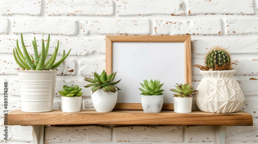 Succulent displayed with photo frame on wooden shelf against white brick wall Succulent displayed with photo frame on wooden shelf against white brick wall