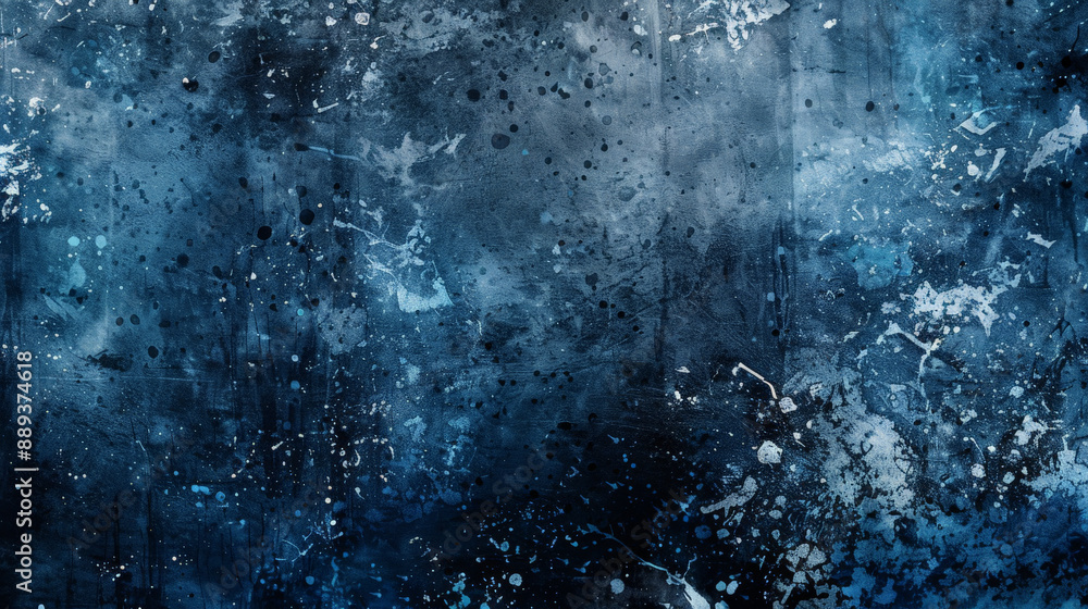 Obraz premium Grunge background featuring a dark, moody texture with splatters of blue paint, smudges, and distressed elements.