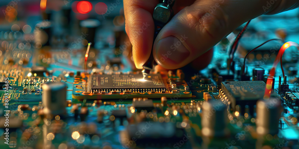 Close-up of a hand soldering electronic components on a circuit board Close-up of a hand soldering electronic components on a circuit board