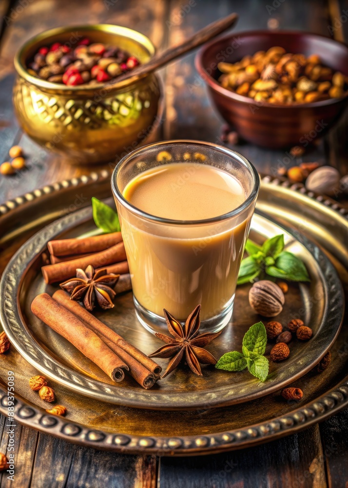 Traditional spiced tea in a glass surrounded by ingredients. Traditional spiced tea in a glass surrounded by ingredients.