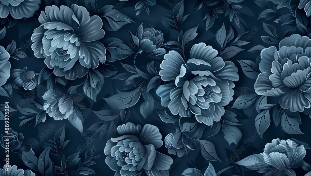 A large-scale pattern of thorn roses appears on a dark blue background. A large-scale pattern of thorn roses appears on a dark blue background.