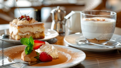 A stylish café setting with a beautifully arranged table featuring creamy coffee and an assortment of gourmet desserts photo