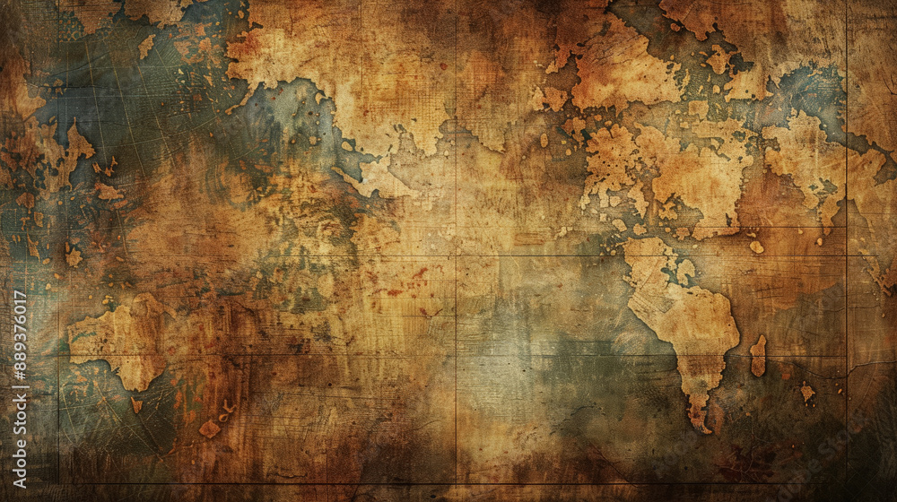 Obraz premium Grunge background showcasing a distressed, vintage map with stains, creases, and worn-out edges.
