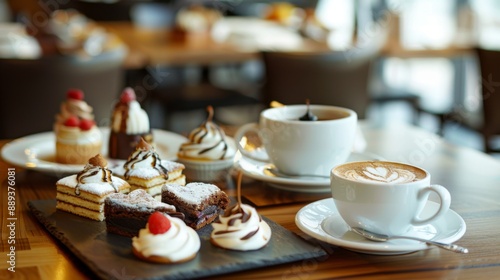 A stylish café setting with a beautifully arranged table featuring creamy coffee and an assortment of gourmet desserts photo