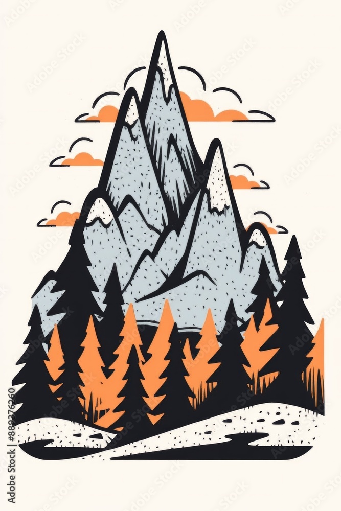 Fototapeta premium mid century design of stylized mountain with aspen trees. 