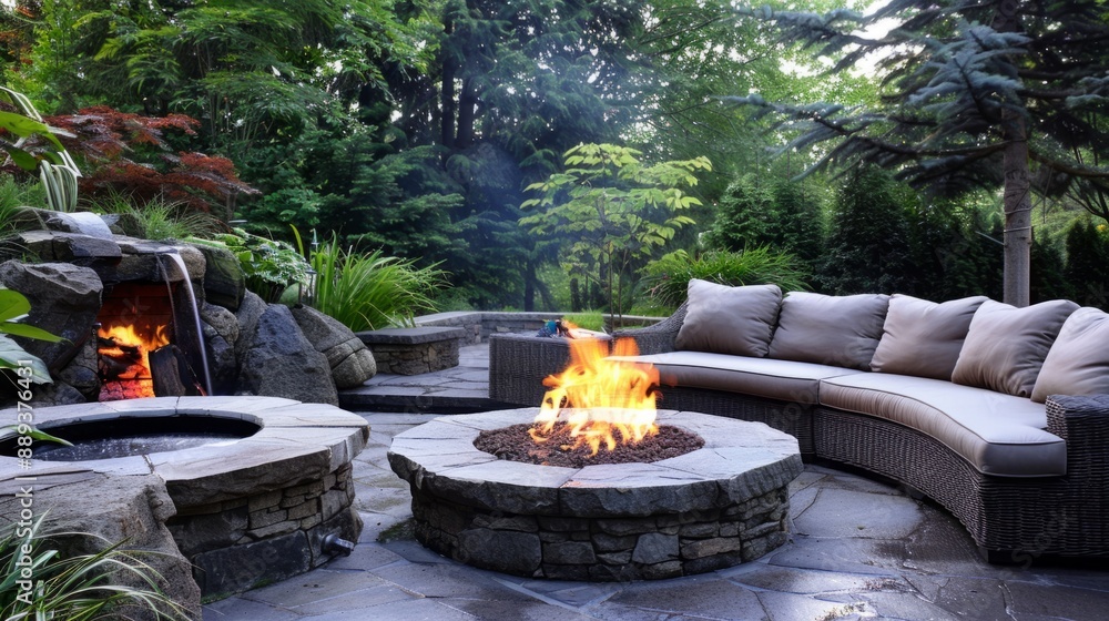 landscaped patio with a fire pit in the center, surrounded by a wicker sofa and table generative ai landscaped patio with a fire pit in the center, surrounded by a wicker sofa and table generative ai