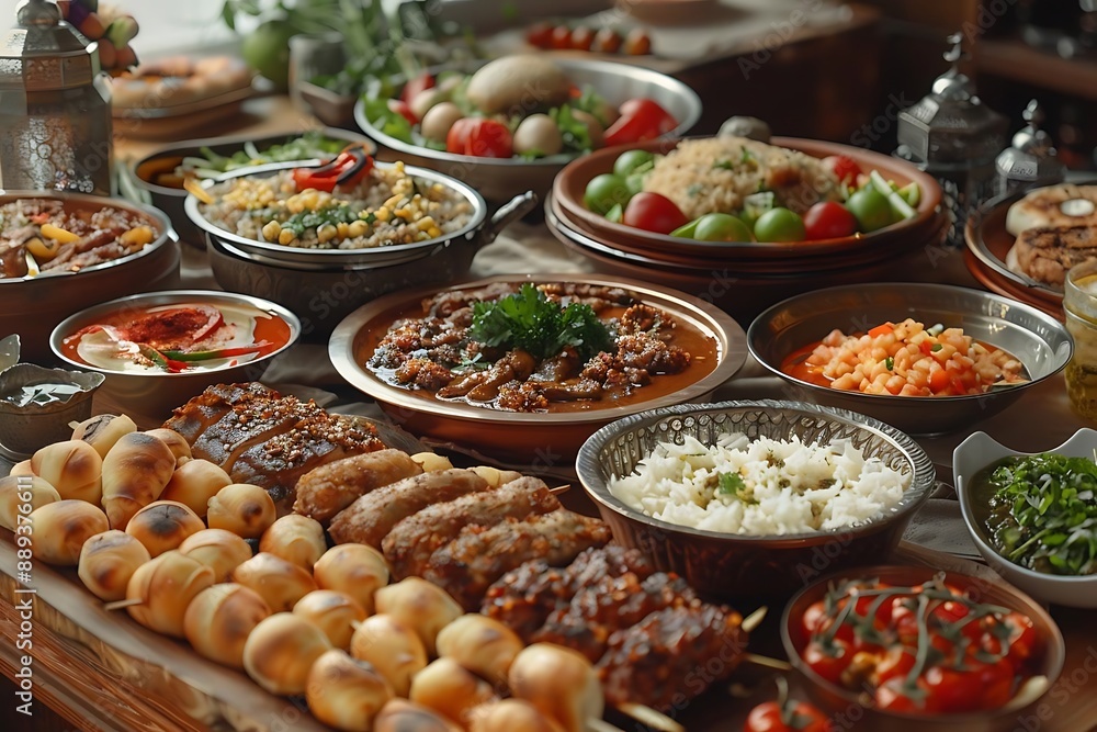 Delicious Middle Eastern Feast with Grilled Meats, Rice, and Vegetables - Food Photography Delicious Middle Eastern Feast with Grilled Meats, Rice, and Vegetables - Food Photography