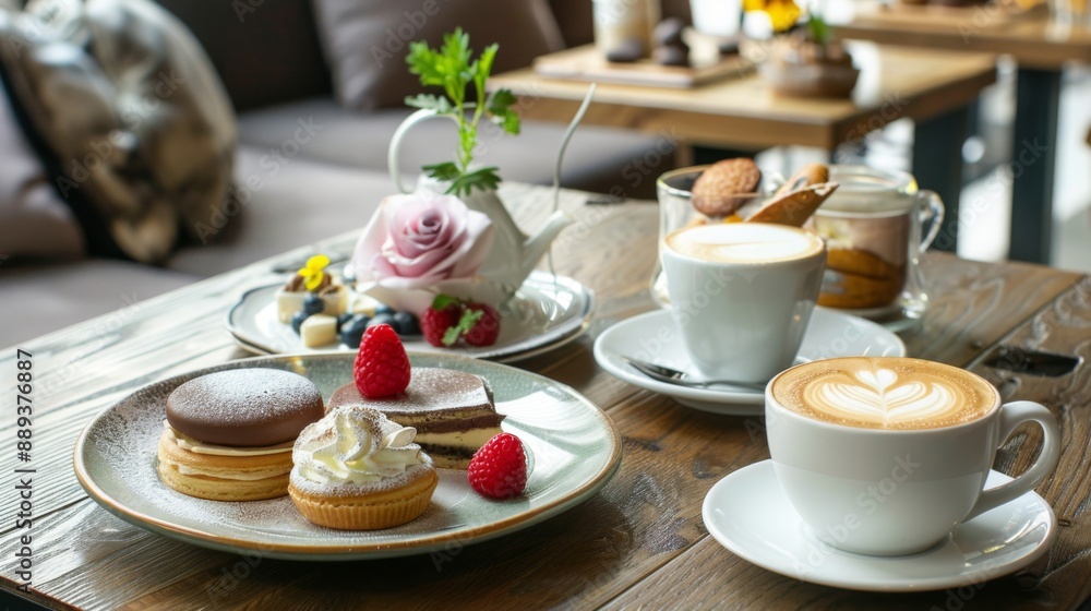 A stylish café setting with a beautifully arranged table featuring creamy coffee and an assortment of gourmet desserts A stylish café setting with a beautifully arranged table featuring creamy coffee and an assortment of gourmet desserts
