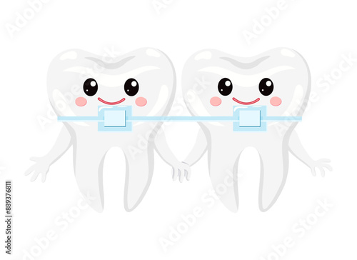 Two cartoon teeth with braces for pediatric dentistry. Straightening crooked teeth.