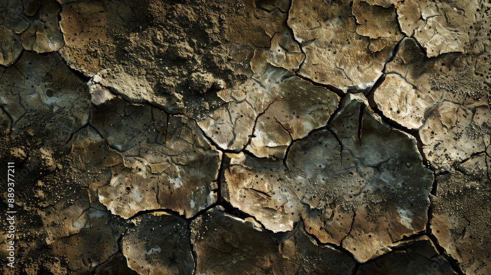 Fototapeta premium Grunge background with a textured, cracked mud surface, featuring patches of dry soil and urban decay.