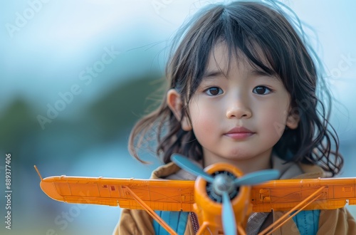 A photo of a happy Asian girl playing with an orange airplane toy in the sky