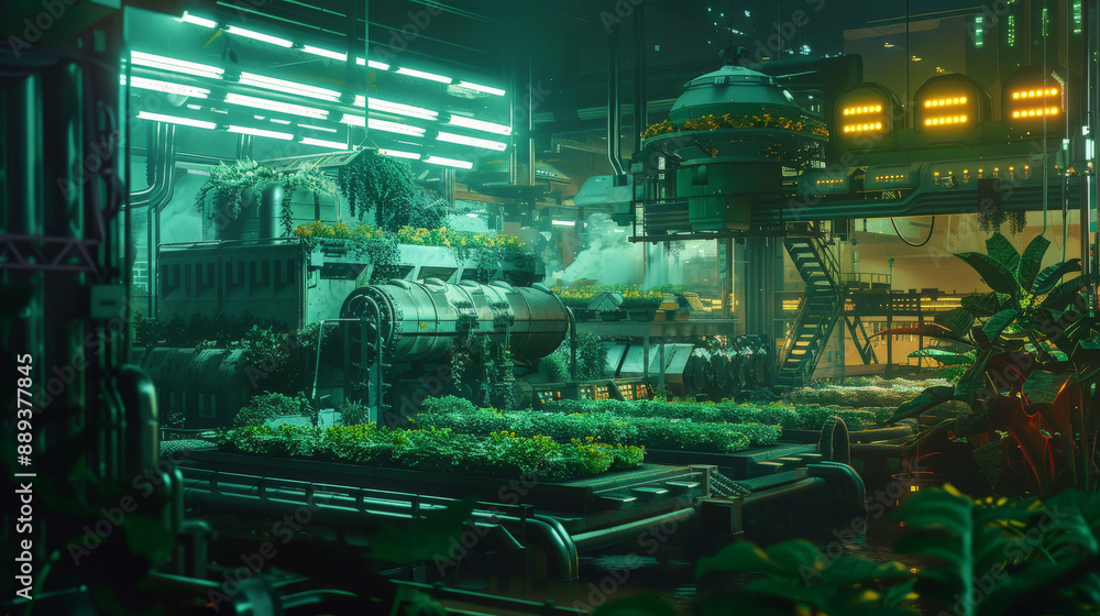 Sci Fi Grunge Modern Clean background depicting a high-tech farming facility, with advanced agricultural machinery, glowing crops, and a mix of clean and natural elements. Sci Fi Grunge Modern Clean background depicting a high-tech farming facility, with advanced agricultural machinery, glowing crops, and a mix of clean and natural elements.