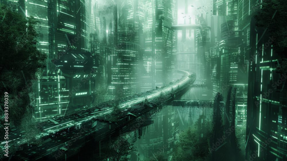 Obraz premium Sci Fi Grunge Modern Clean background depicting an alien cityscape, with futuristic buildings, glowing walkways, and a mix of clean technology and natural elements.