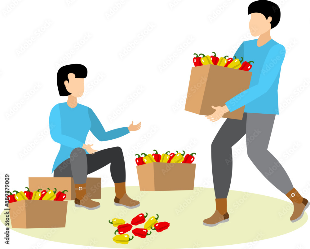 People harvesting. A woman and a man harvest peppers. Farmers at agriculture works. Rural workers picking crops. People harvesting. A woman and a man harvest peppers. Farmers at agriculture works. Rural workers picking crops.