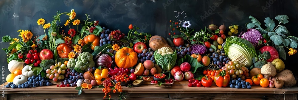 Still Life Painting of Autumn Harvest: Abundant Fruits, Vegetables and Flowers on a Wooden Table Still Life Painting of Autumn Harvest: Abundant Fruits, Vegetables and Flowers on a Wooden Table