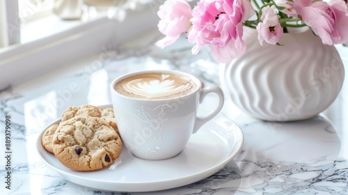 A white coffee cup with a heart design sits on a white saucer next to a plate of cookies. The scene is set on a marble count