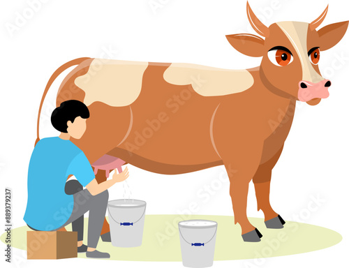 Farmers at work.  A man milks a cow. People work on farm. Livestock farm scene. Isolated on a white background.