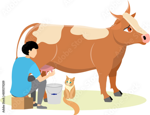 Farmers at work. A cat sits next to a man who is milking cow. People work on farm. Livestock farm scene. Isolated on a white background.