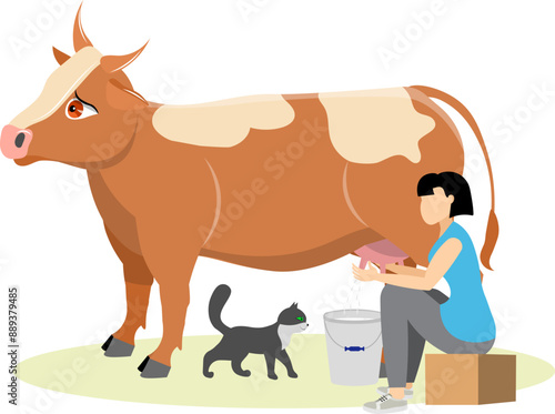 Farmers at work. A cat sits near a woman who is milking a cow. People work on farm. Livestock farm scene. Isolated on a white background.