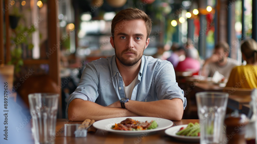 Man sitting at restaurant table, plate of meal in front of him, bad food taste, unhappy displeased customer, dissatisfied with service, negative disgust face expression Man sitting at restaurant table, plate of meal in front of him, bad food taste, unhappy displeased customer, dissatisfied with service, negative disgust face expression