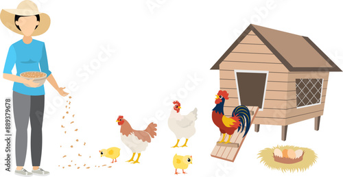 Farmers at work. A woman feeds a chicken near the poultry house. People work on farm. Livestock farm scene. Isolated on a white background.
