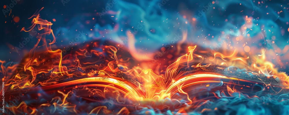 A book in flames with glowing embers and swirling smoke, set against a deep blue background, emphasizing the intense heat. A book in flames with glowing embers and swirling smoke, set against a deep blue background, emphasizing the intense heat.