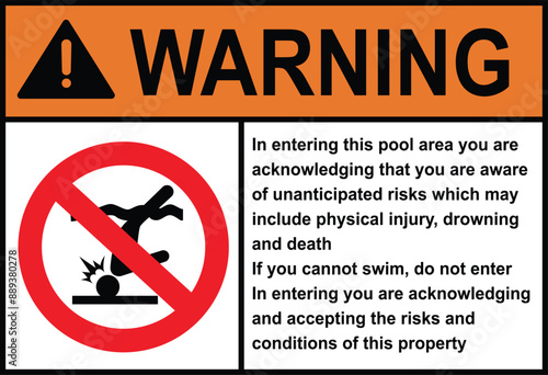 Warning in entering this pool sign with symbol. Above-ground pool no diving with icon portrait - wall sign. Swimming pool sign, shallow water no diving. 
