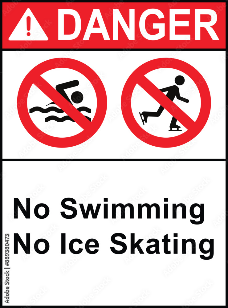 Danger no swimming no ice skating sign with symbol. Prohibition No swimming, no ice skating. Ice warning sign and labels no swimming no ice skating Danger no swimming no ice skating sign with symbol. Prohibition No swimming, no ice skating. Ice warning sign and labels no swimming no ice skating