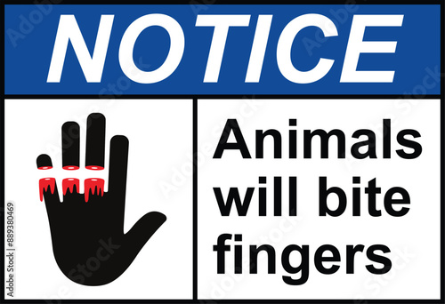 Notice animals will bite fingers sign with symbol. Warning: Animals Will Bite Fingers. Beware of dog