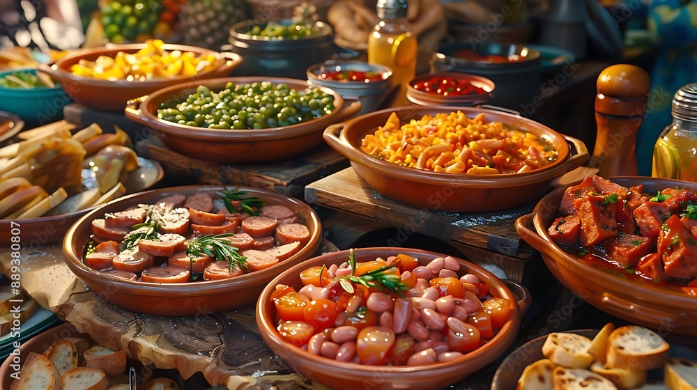 Illustration of Various Dishes with Rustic Clay Pots in a Cozy Setting Illustration of Various Dishes with Rustic Clay Pots in a Cozy Setting