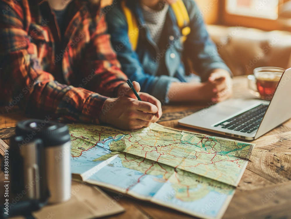 Fototapeta premium Couple Planning Road Trip With Map and Laptop