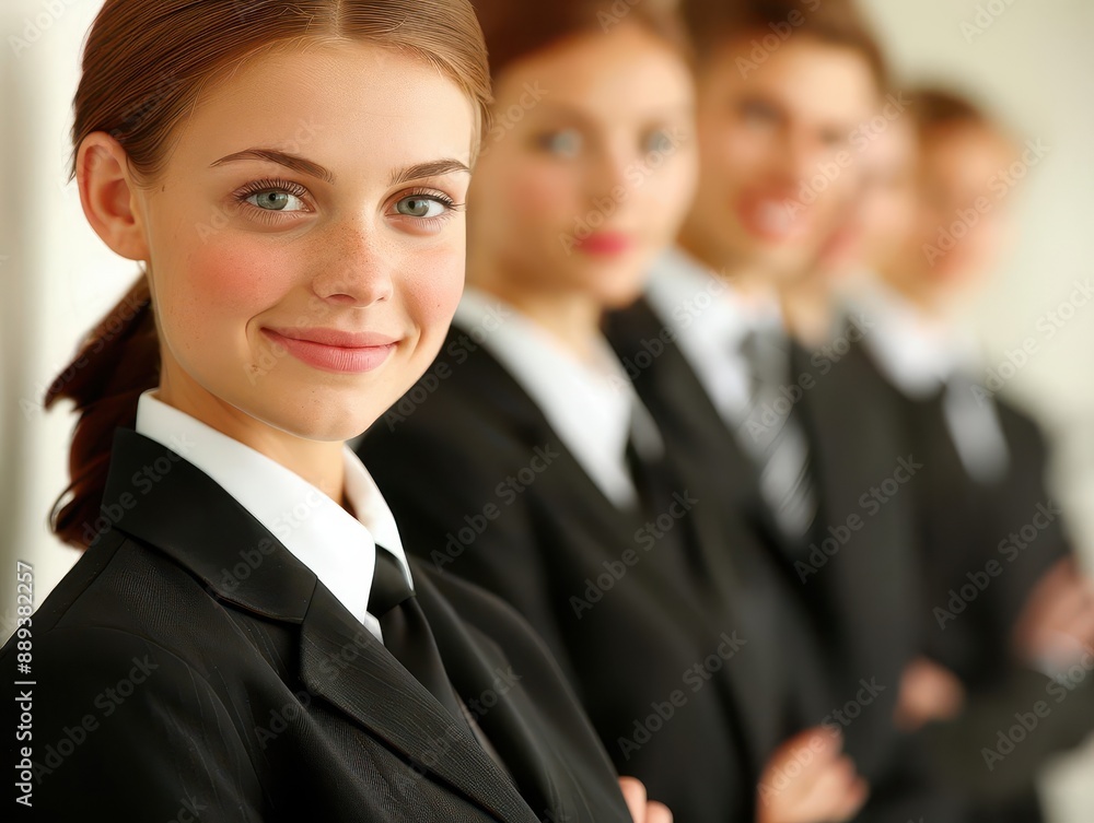 Happy group of businesspeople during presentation Colleagues looking at camera and smiling Happy group of businesspeople during presentation Colleagues looking at camera and smiling