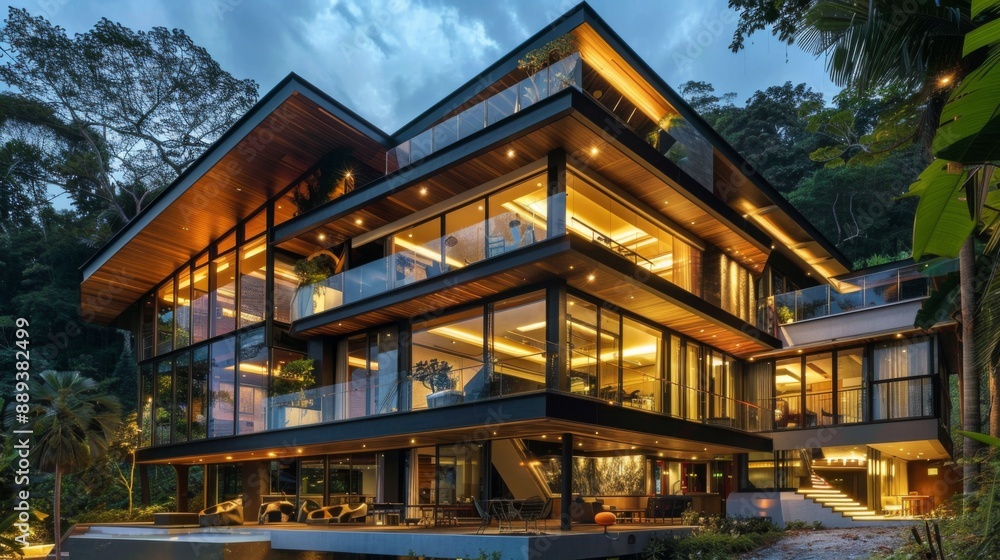An epitome of modern luxury and geometric design, this house showcases a harmony of wood and glass materials An epitome of modern luxury and geometric design, this house showcases a harmony of wood and glass materials