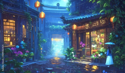 Fototapeta Naklejka Na Ścianę i Meble -  A small street in the middle of rural Japan, brimming with businesses, raining weather, nighttime, anime artwork