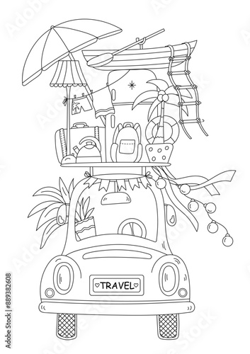 Coloring Page Anti-Stress For Adults And Children Features Tourism - A Car With A Fridge, Boat, Suitcase, And Kettle On The Roof