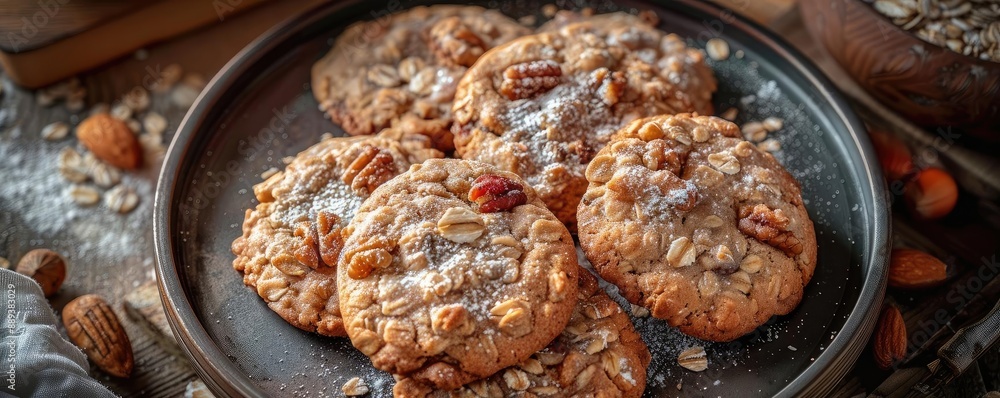 Homemade oatmeal cookies with nuts on a rustic plate, surrounded by ingredients, ready to be enjoyed as a delicious snack. Homemade oatmeal cookies with nuts on a rustic plate, surrounded by ingredients, ready to be enjoyed as a delicious snack.