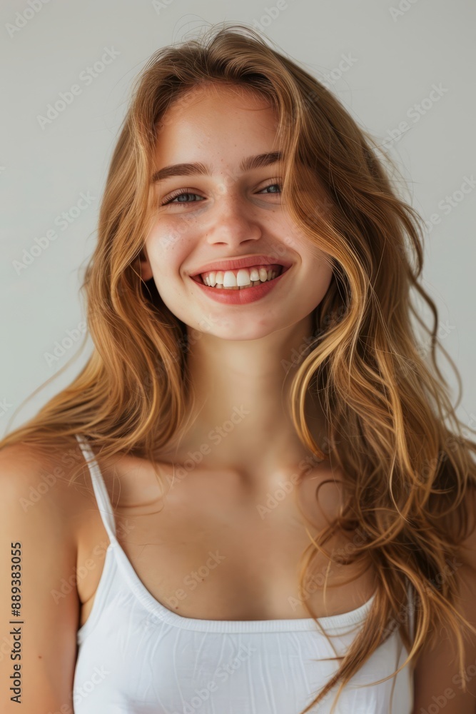 A woman with long brown hair is smiling and wearing a white tank top A woman with long brown hair is smiling and wearing a white tank top