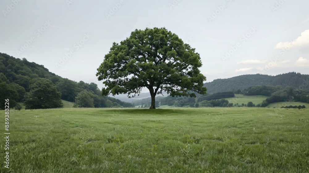 Obraz premium Serene Tree with a Perfectly Rounded Canopy in an Idyllic Open Field