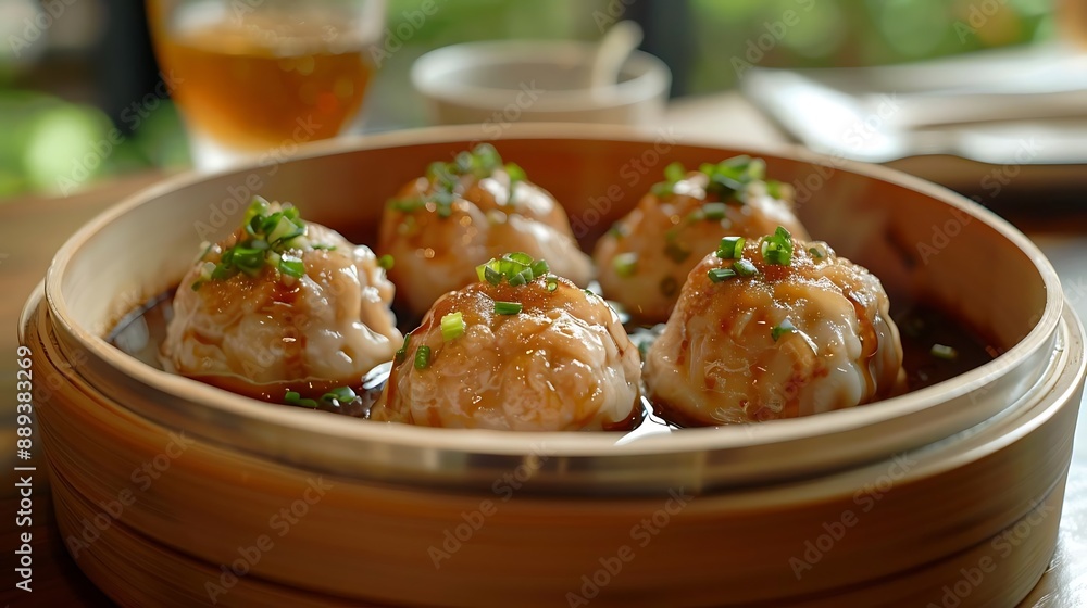 Close Up of Steamed Dumplings in a Bamboo Steamer with Soy Sauce Close Up of Steamed Dumplings in a Bamboo Steamer with Soy Sauce