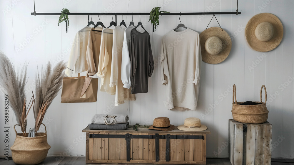 Modern boho style studio apartment with rustic hanging wooden boxes and lush plants against a white wall background, designed for displaying fashionable women's outfits in natural light, showcasing ho Modern boho style studio apartment with rustic hanging wooden boxes and lush plants against a white wall background, designed for displaying fashionable women's outfits in natural light, showcasing ho