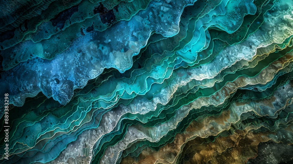 Blue and turquoise undulating forms in 3D rendered cave. Blue and turquoise undulating forms in 3D rendered cave.