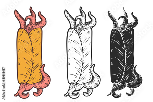 Kebab with octopus tentacles. Hand drawn vector art in sketch style. Creative illustration for print, tattoo.