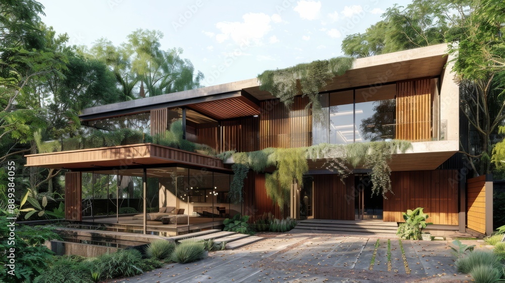 An epitome of modern luxury and geometric design, this house showcases a harmony of wood and glass materials An epitome of modern luxury and geometric design, this house showcases a harmony of wood and glass materials