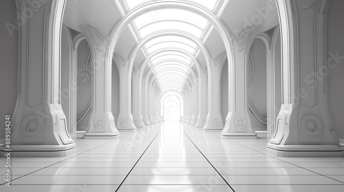 a long white hallway with arched ceiling and columns © Alex