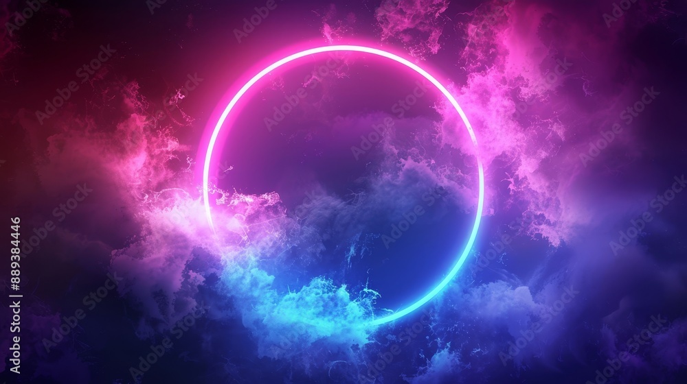 An abstract background of a colorful neon ring glowing within a stormy cloud An abstract background of a colorful neon ring glowing within a stormy cloud