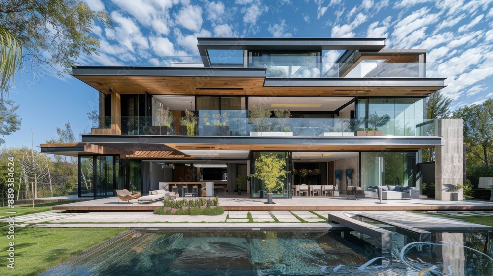 Obraz premium An epitome of modern luxury and geometric design, this house showcases a harmony of wood and glass materials