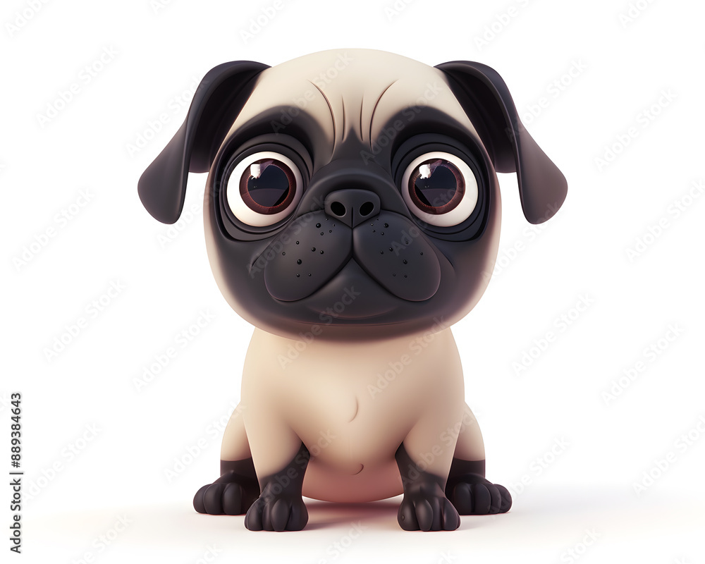 Pug dog, full body, 3D, isolated white background, copy space, kawaii. Pug dog, full body, 3D, isolated white background, copy space, kawaii.