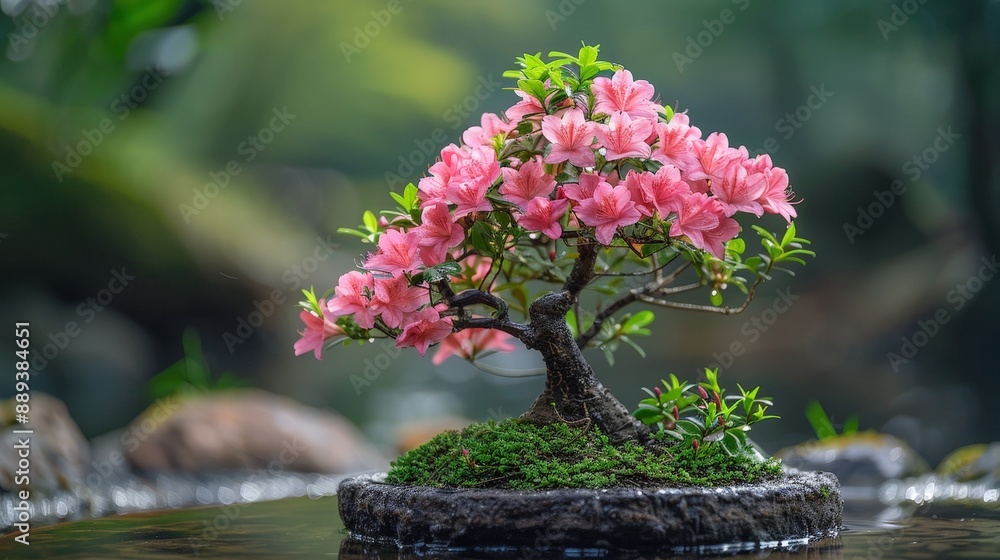 Tranquil azalea bonsai tree with bright flowers in a peaceful riverside scene Tranquil azalea bonsai tree with bright flowers in a peaceful riverside scene