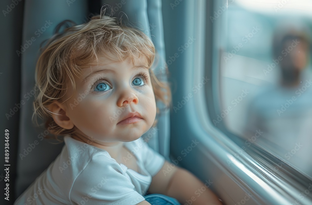 A child was sitting on the floor, looking out of an open window into a bright sky with clouds. A child was sitting on the floor, looking out of an open window into a bright sky with clouds.