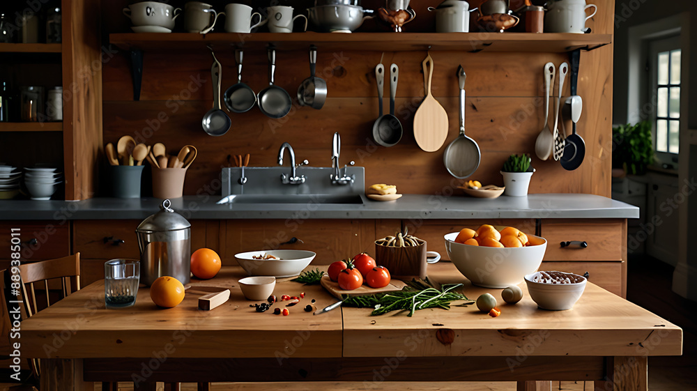A kitchen island used as a table, with ingredients, utensils, and a cutting board, showcasing a lively cooking scene A kitchen island used as a table, with ingredients, utensils, and a cutting board, showcasing a lively cooking scene